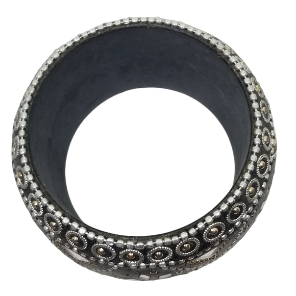 VINTAGE ORNATE INDIA BOHO MIRROR MOSAIC INLAY DOME BRACELET - Picture 4 of 5